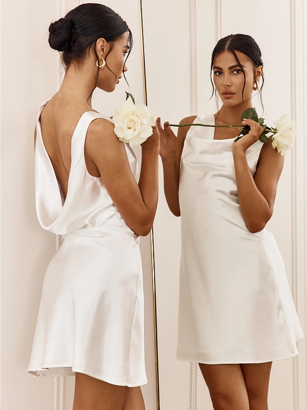 Elegant White Satin Cowl Back Mini Dress - Brand: Lena